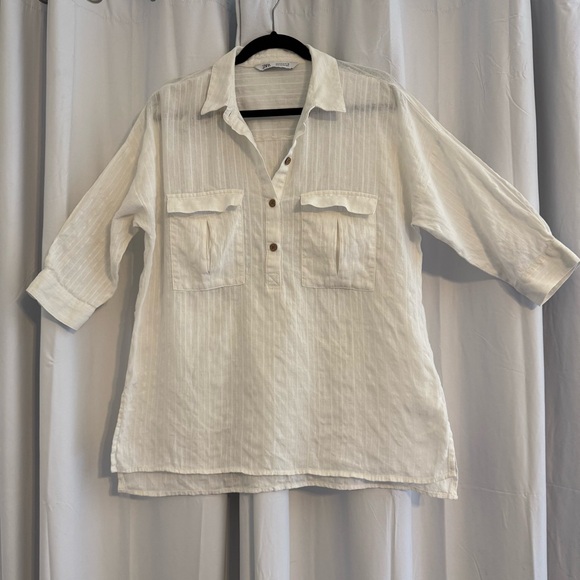 Zara Tops - ZARA Oversized Striped Linen Blend Tunic Blouse 3/4 Sleeve Size S Cream